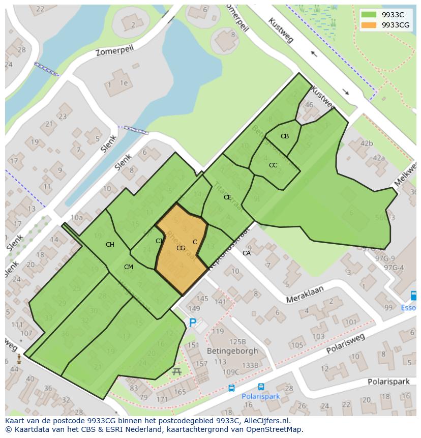 Afbeelding van het postcodegebied 9933 CG op de kaart.