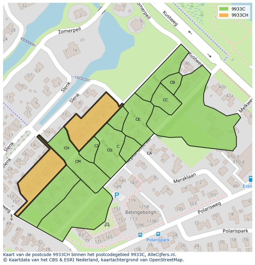 Afbeelding van het postcodegebied 9933 CH op de kaart.