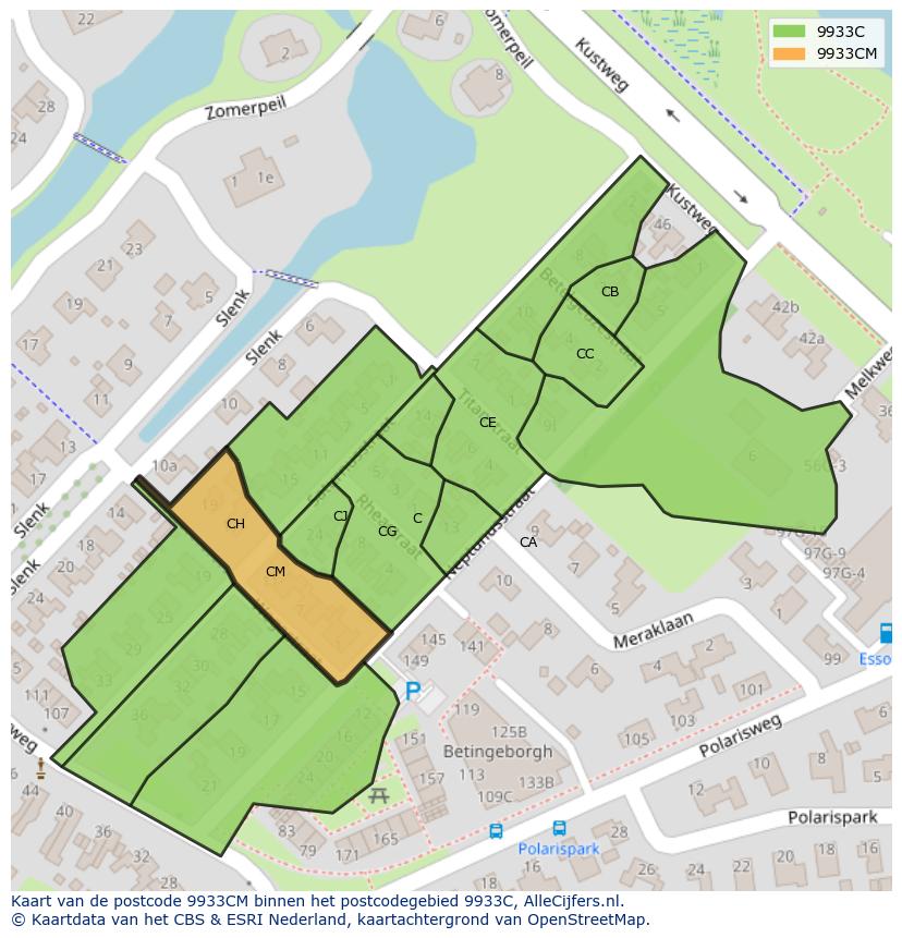 Afbeelding van het postcodegebied 9933 CM op de kaart.
