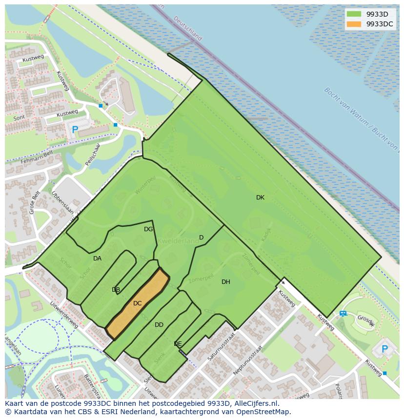 Afbeelding van het postcodegebied 9933 DC op de kaart.