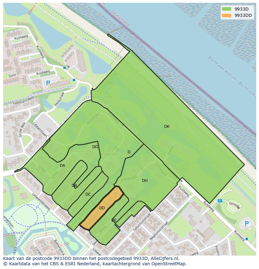 Afbeelding van het postcodegebied 9933 DD op de kaart.