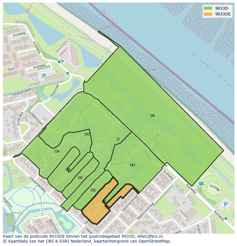 Afbeelding van het postcodegebied 9933 DE op de kaart.