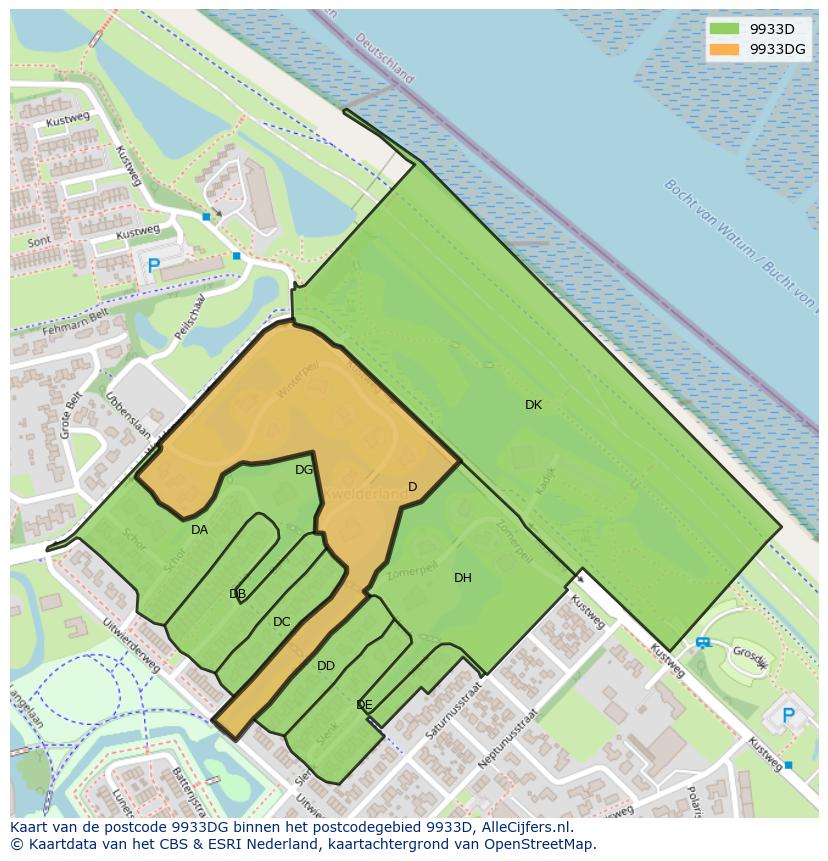Afbeelding van het postcodegebied 9933 DG op de kaart.