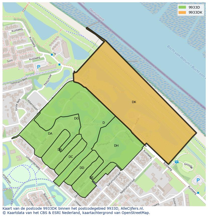 Afbeelding van het postcodegebied 9933 DK op de kaart.