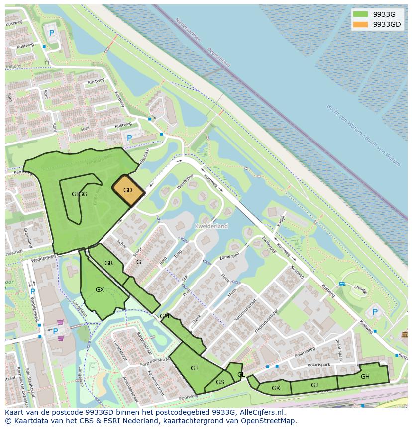 Afbeelding van het postcodegebied 9933 GD op de kaart.