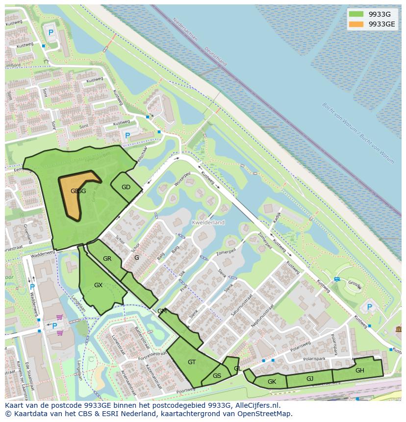 Afbeelding van het postcodegebied 9933 GE op de kaart.