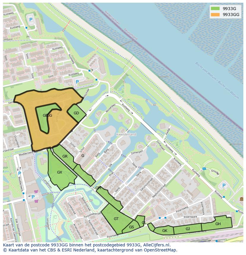 Afbeelding van het postcodegebied 9933 GG op de kaart.