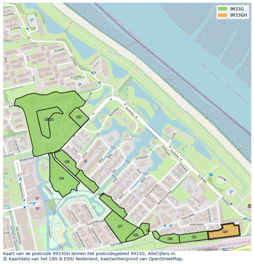 Afbeelding van het postcodegebied 9933 GH op de kaart.