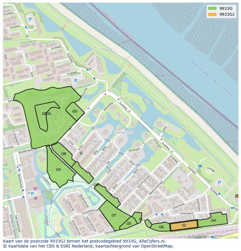 Afbeelding van het postcodegebied 9933 GJ op de kaart.