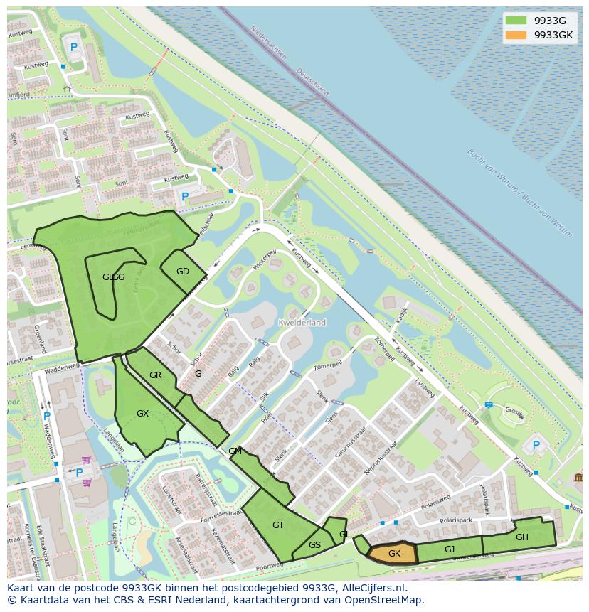 Afbeelding van het postcodegebied 9933 GK op de kaart.