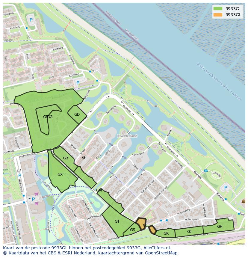 Afbeelding van het postcodegebied 9933 GL op de kaart.