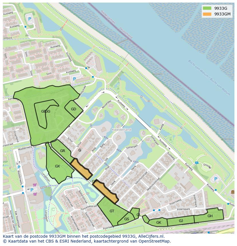 Afbeelding van het postcodegebied 9933 GM op de kaart.