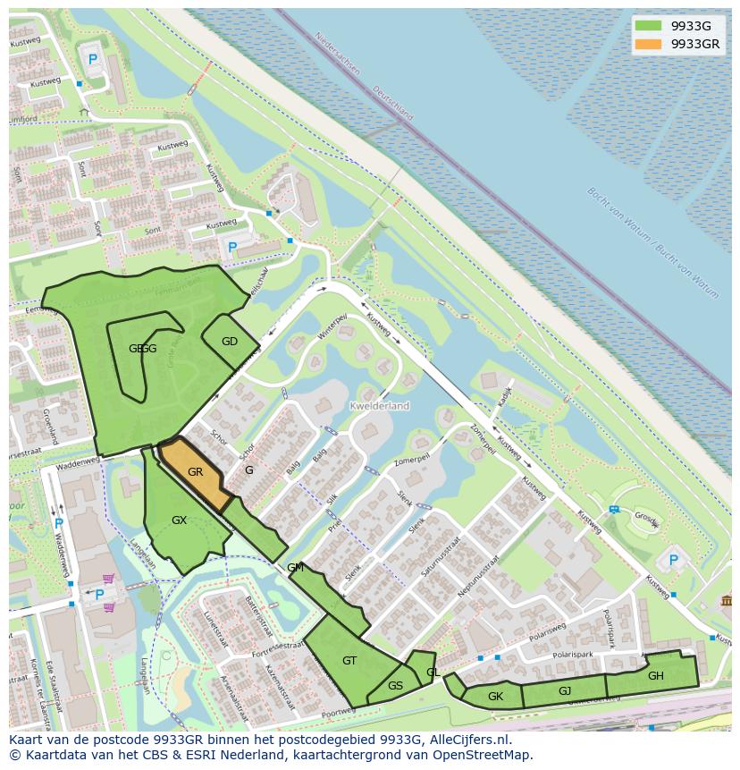 Afbeelding van het postcodegebied 9933 GR op de kaart.