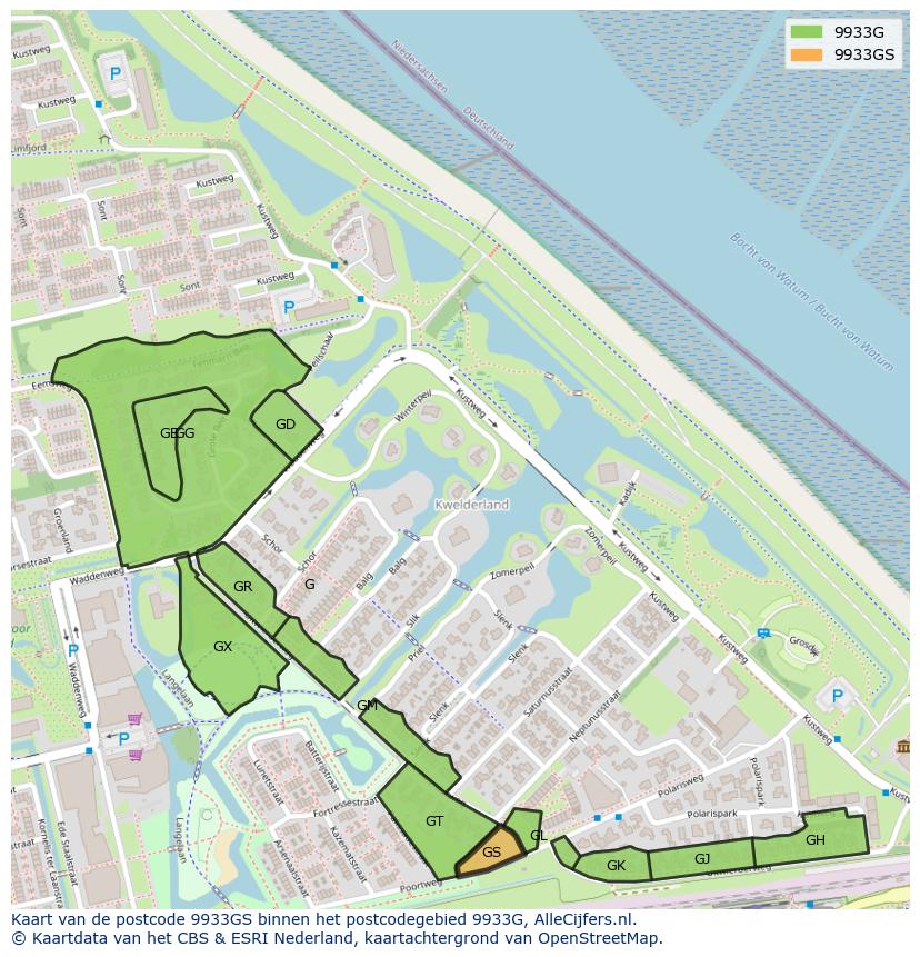 Afbeelding van het postcodegebied 9933 GS op de kaart.