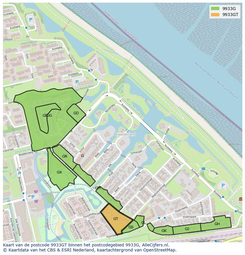 Afbeelding van het postcodegebied 9933 GT op de kaart.