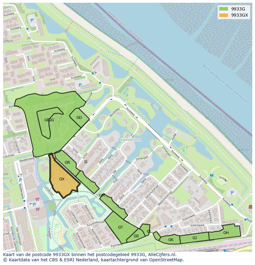 Afbeelding van het postcodegebied 9933 GX op de kaart.