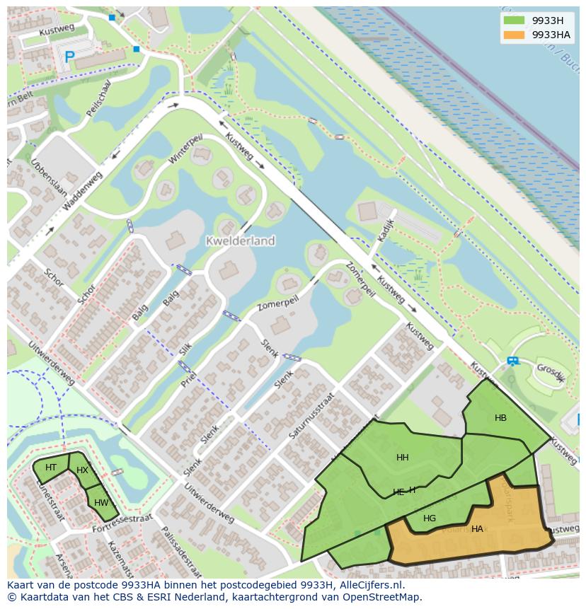 Afbeelding van het postcodegebied 9933 HA op de kaart.
