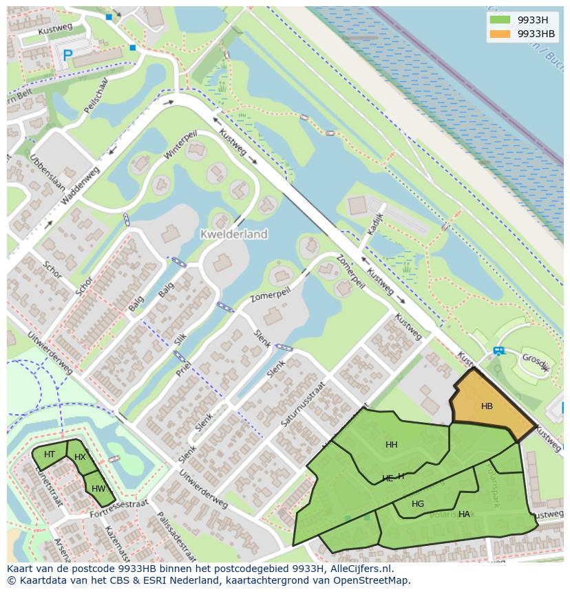 Afbeelding van het postcodegebied 9933 HB op de kaart.
