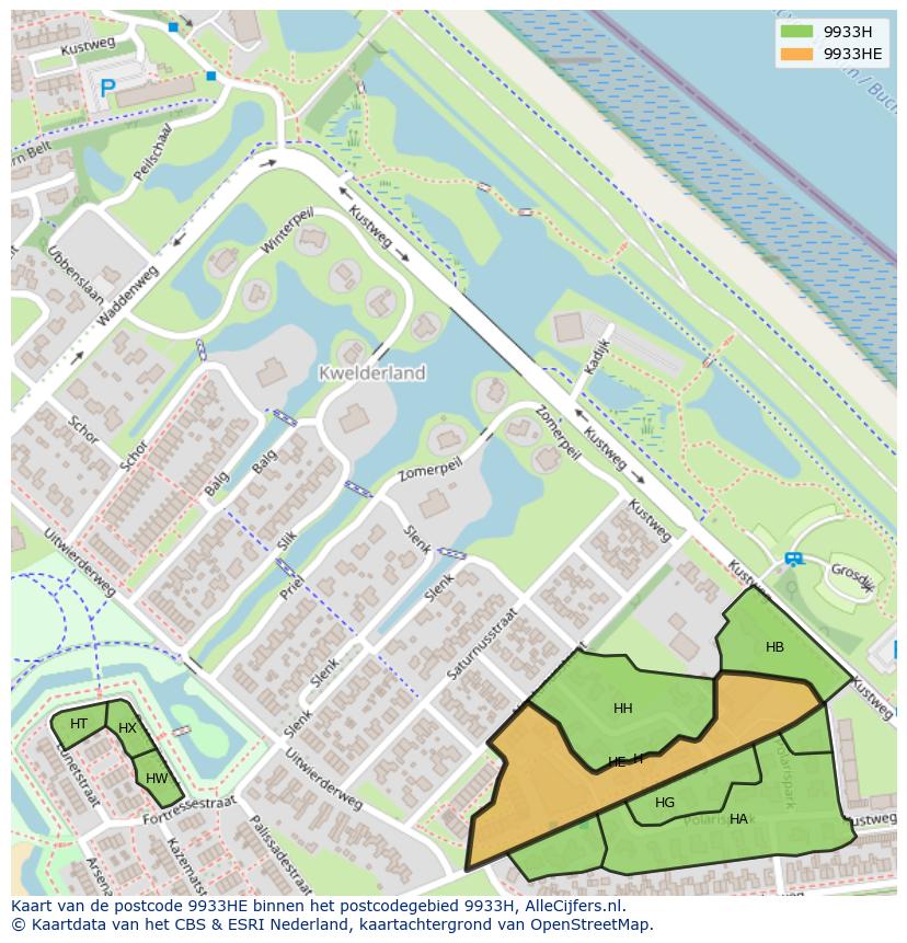 Afbeelding van het postcodegebied 9933 HE op de kaart.