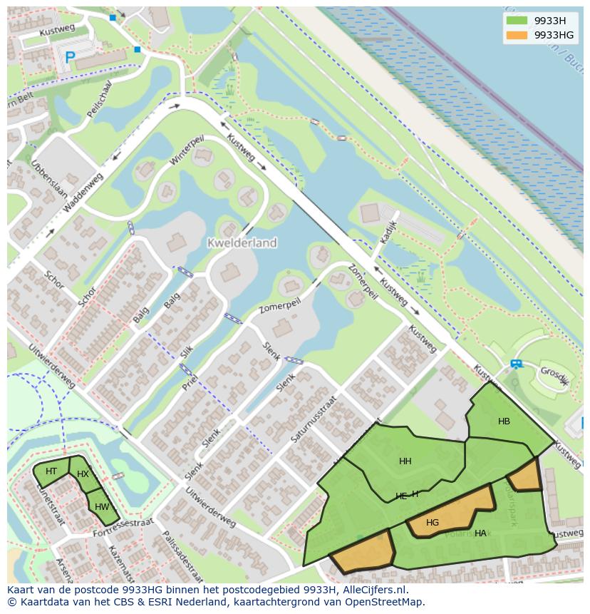 Afbeelding van het postcodegebied 9933 HG op de kaart.