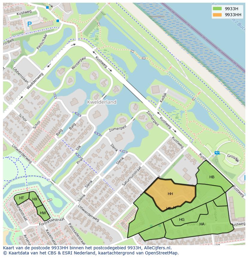 Afbeelding van het postcodegebied 9933 HH op de kaart.
