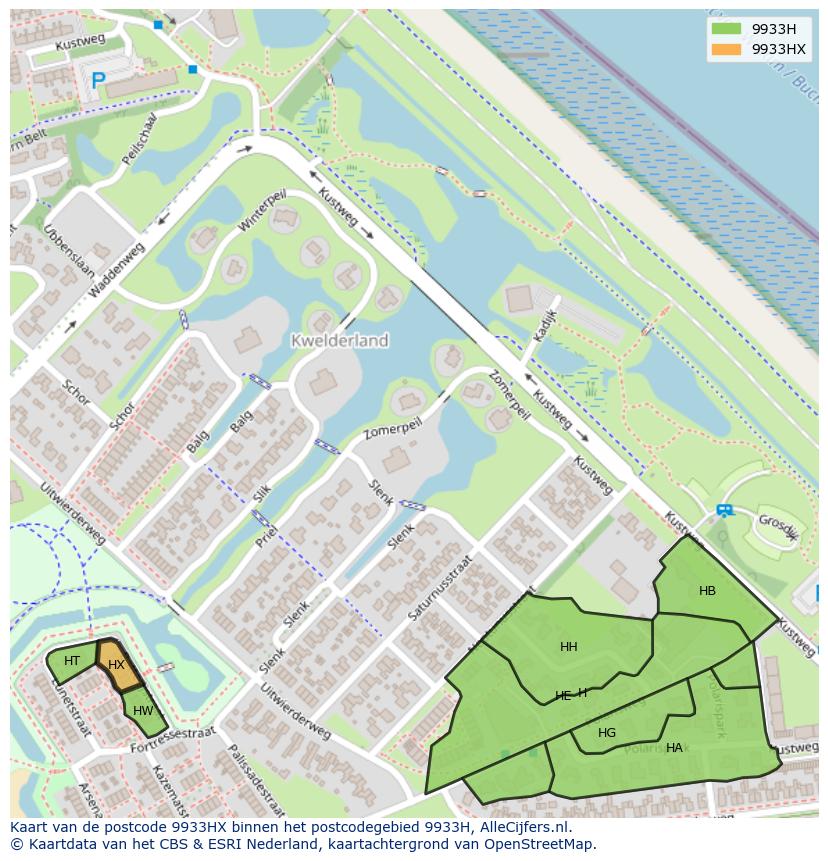 Afbeelding van het postcodegebied 9933 HX op de kaart.