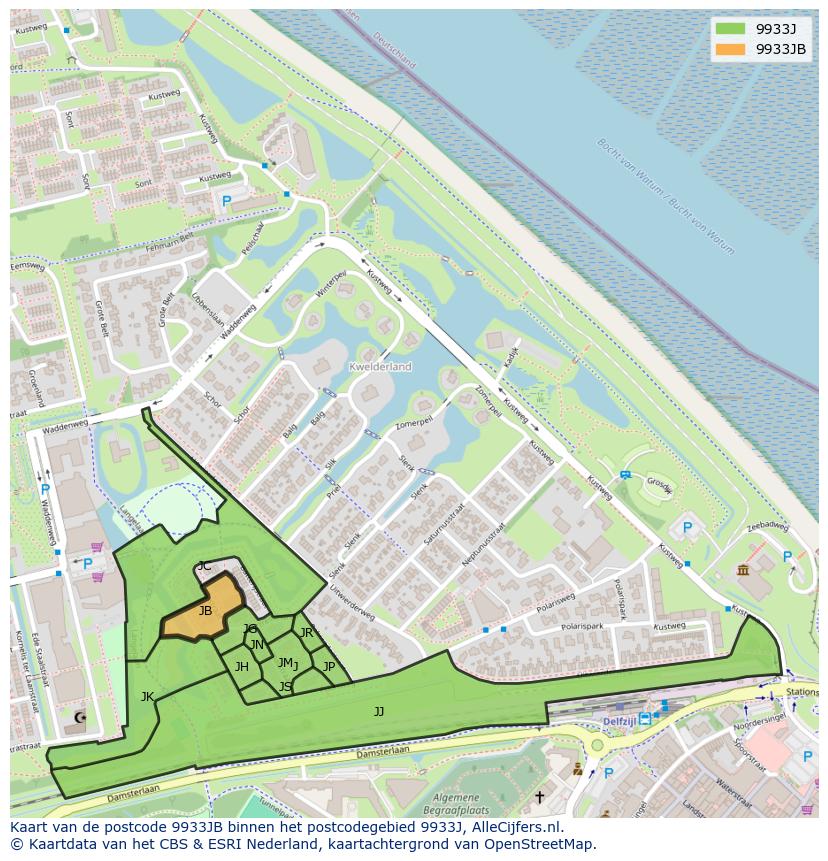 Afbeelding van het postcodegebied 9933 JB op de kaart.