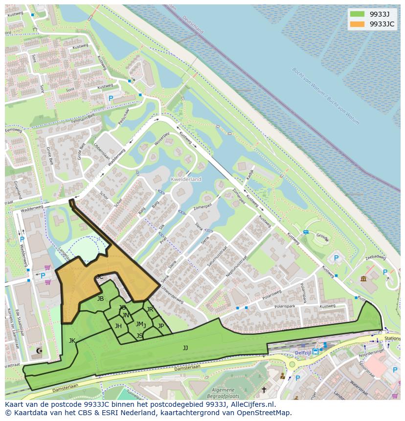 Afbeelding van het postcodegebied 9933 JC op de kaart.