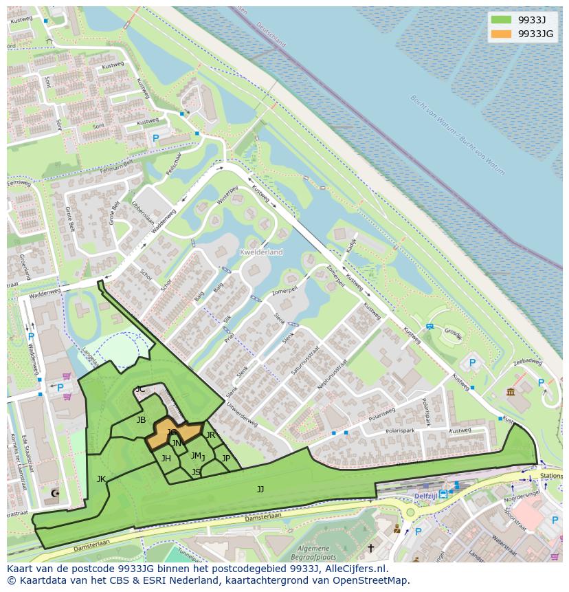 Afbeelding van het postcodegebied 9933 JG op de kaart.