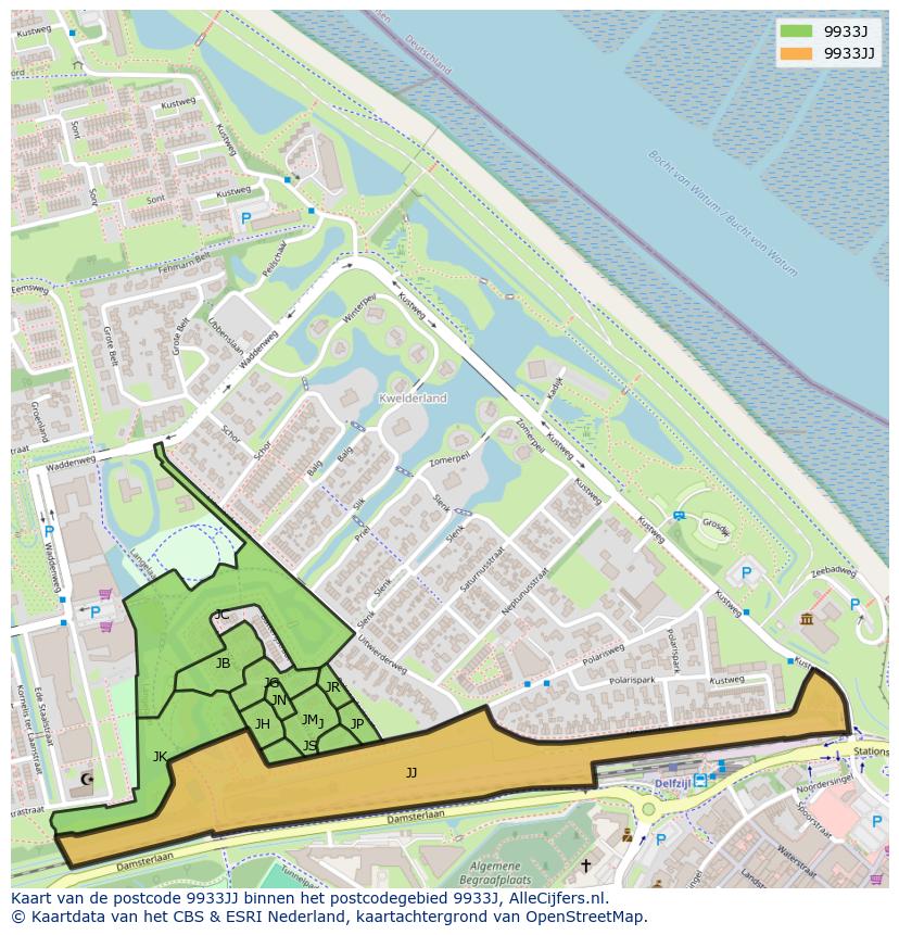 Afbeelding van het postcodegebied 9933 JJ op de kaart.