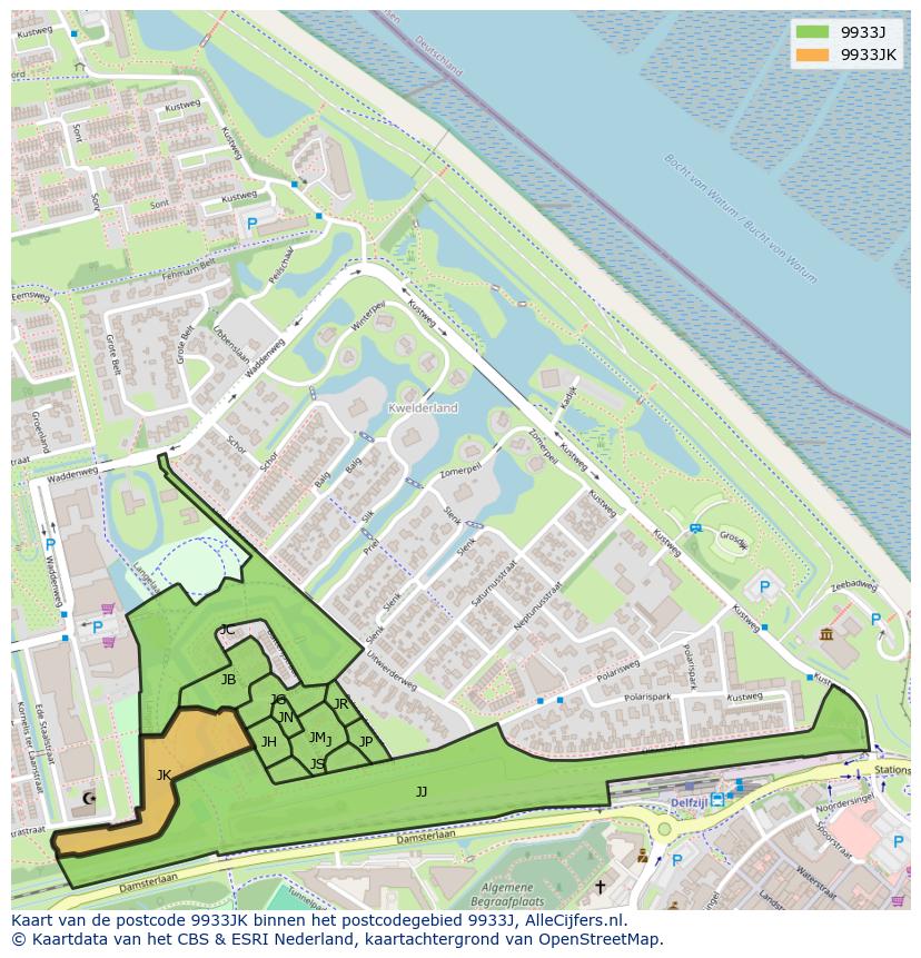 Afbeelding van het postcodegebied 9933 JK op de kaart.