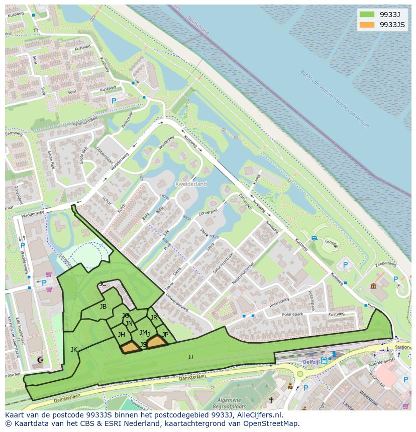 Afbeelding van het postcodegebied 9933 JS op de kaart.