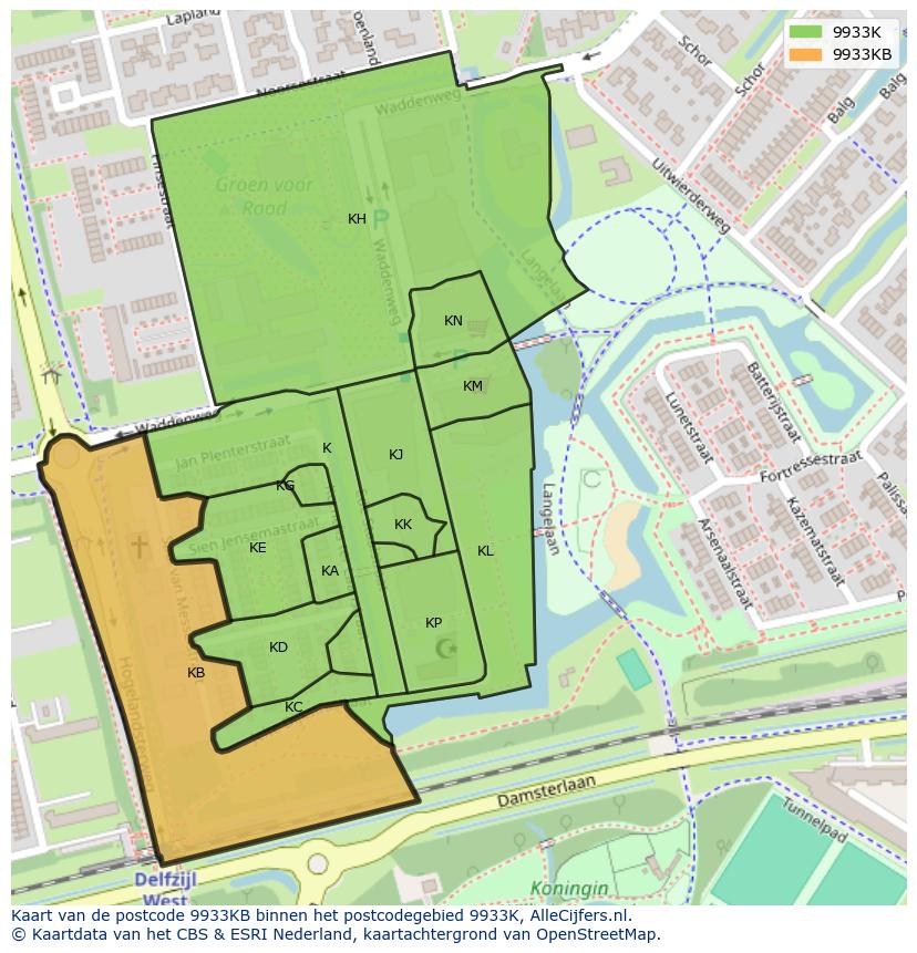 Afbeelding van het postcodegebied 9933 KB op de kaart.