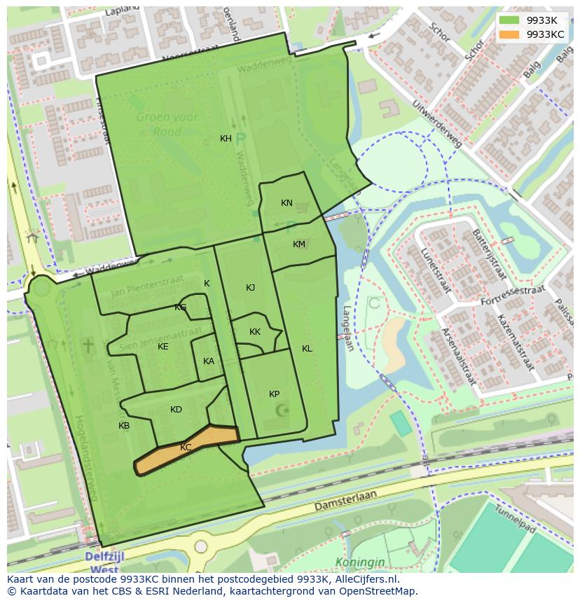 Afbeelding van het postcodegebied 9933 KC op de kaart.
