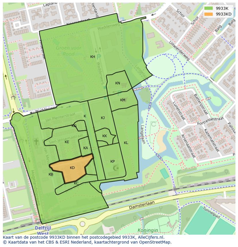 Afbeelding van het postcodegebied 9933 KD op de kaart.