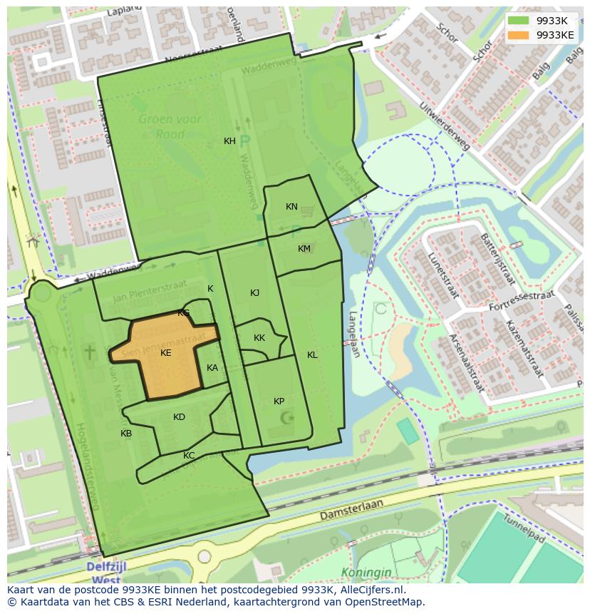 Afbeelding van het postcodegebied 9933 KE op de kaart.