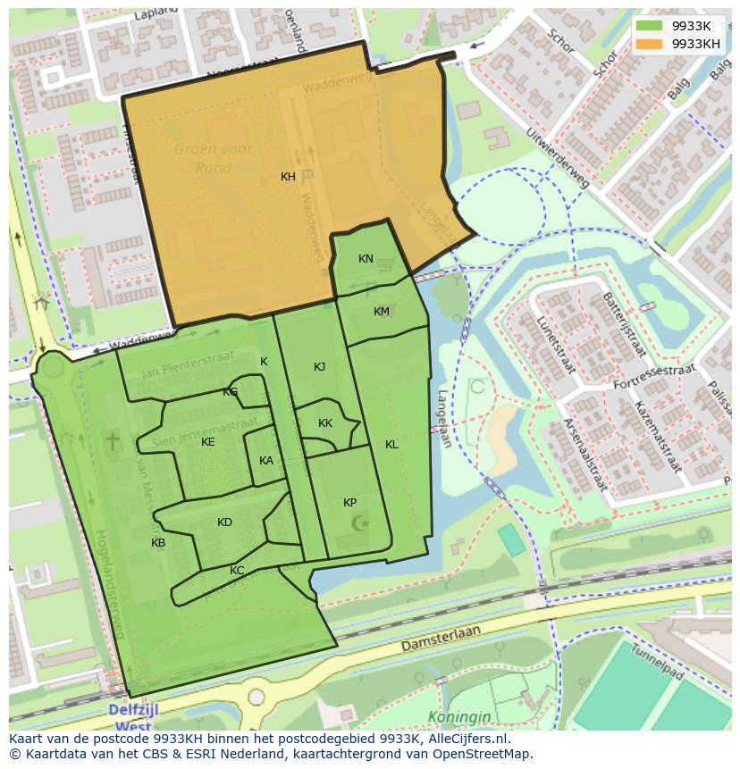 Afbeelding van het postcodegebied 9933 KH op de kaart.