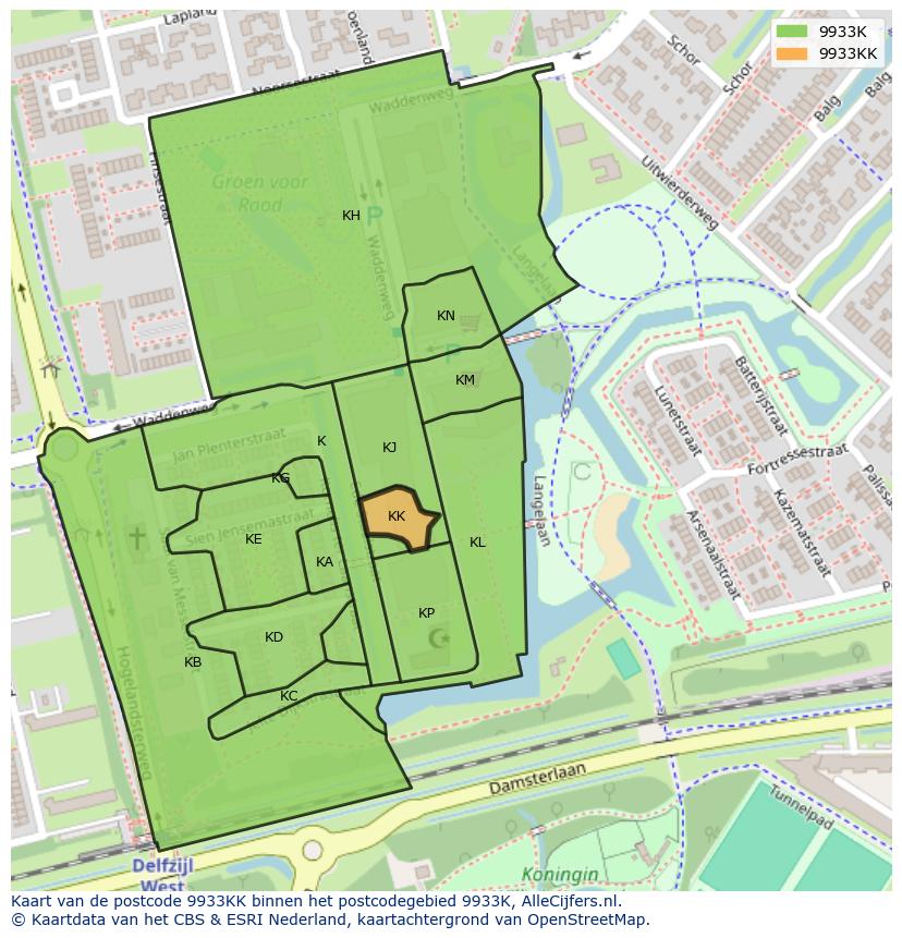 Afbeelding van het postcodegebied 9933 KK op de kaart.