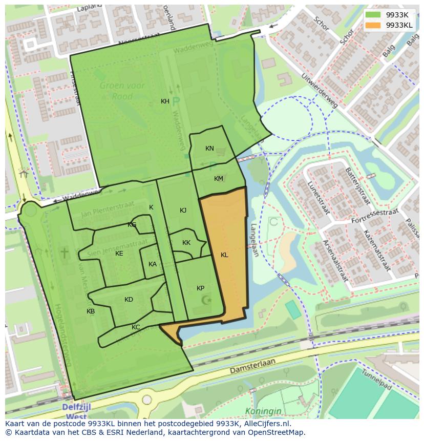 Afbeelding van het postcodegebied 9933 KL op de kaart.
