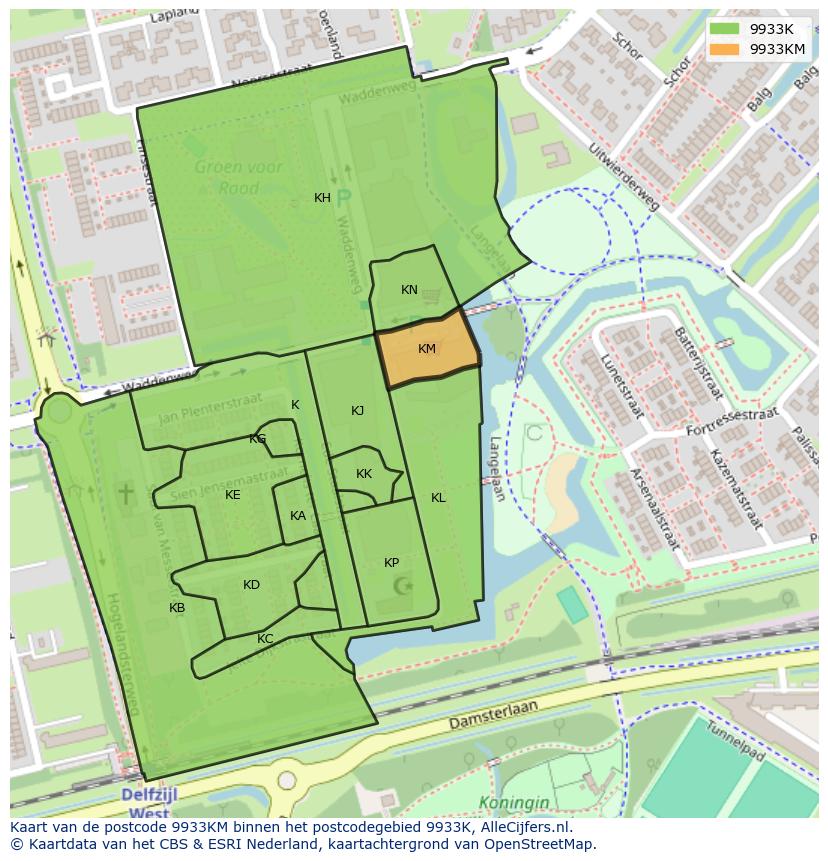 Afbeelding van het postcodegebied 9933 KM op de kaart.