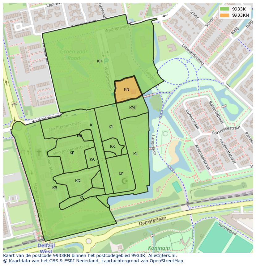 Afbeelding van het postcodegebied 9933 KN op de kaart.