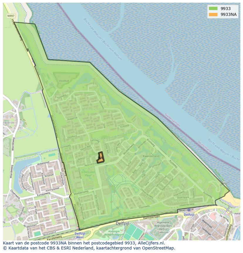 Afbeelding van het postcodegebied 9933 NA op de kaart.