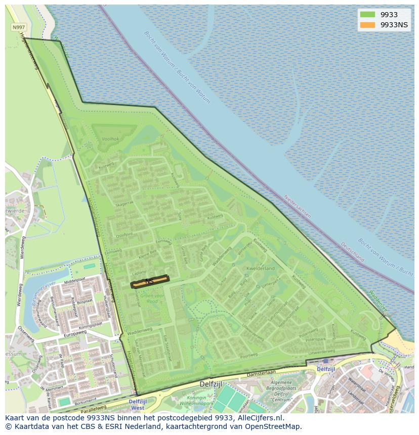Afbeelding van het postcodegebied 9933 NS op de kaart.
