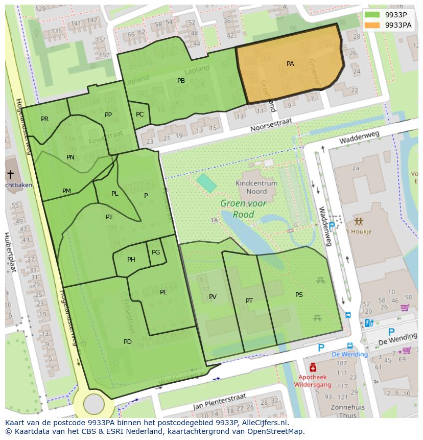 Afbeelding van het postcodegebied 9933 PA op de kaart.