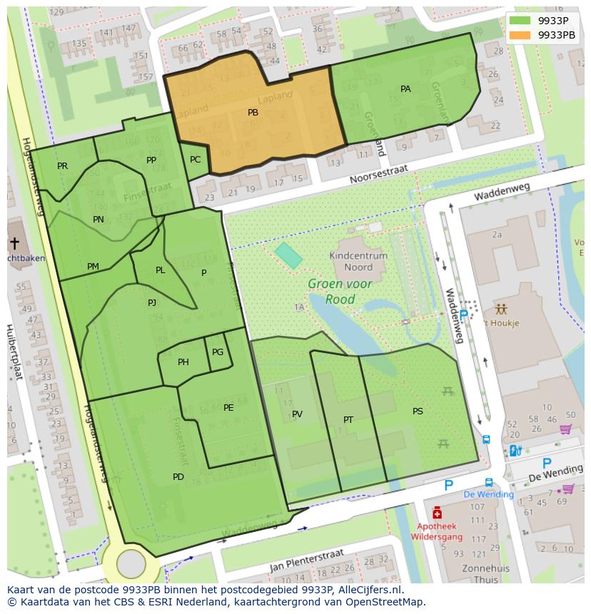 Afbeelding van het postcodegebied 9933 PB op de kaart.