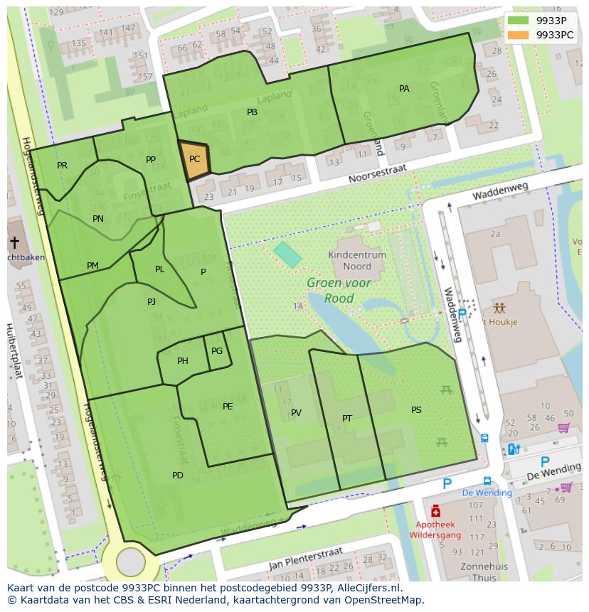 Afbeelding van het postcodegebied 9933 PC op de kaart.