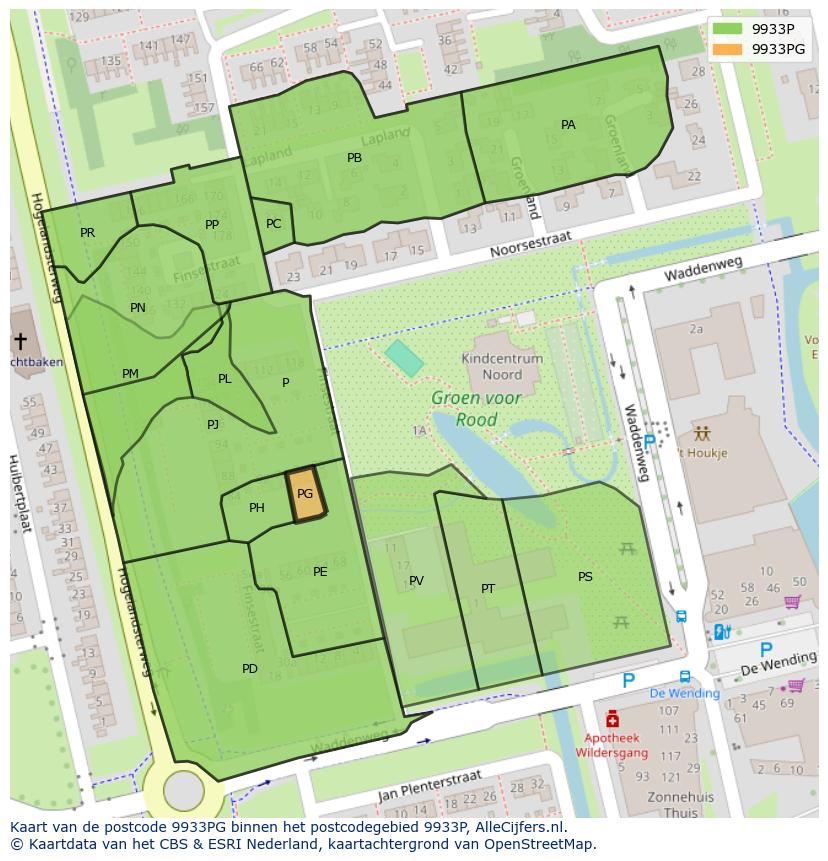 Afbeelding van het postcodegebied 9933 PG op de kaart.