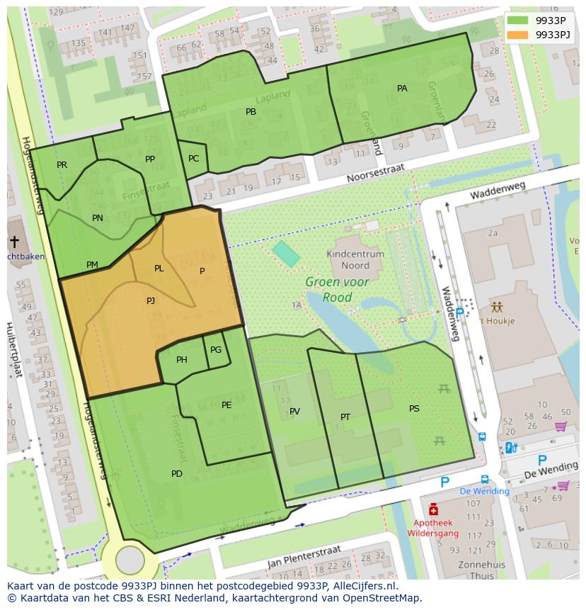 Afbeelding van het postcodegebied 9933 PJ op de kaart.