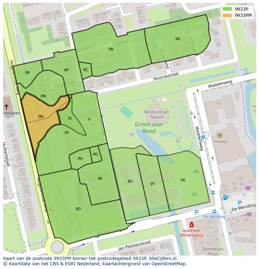 Afbeelding van het postcodegebied 9933 PM op de kaart.