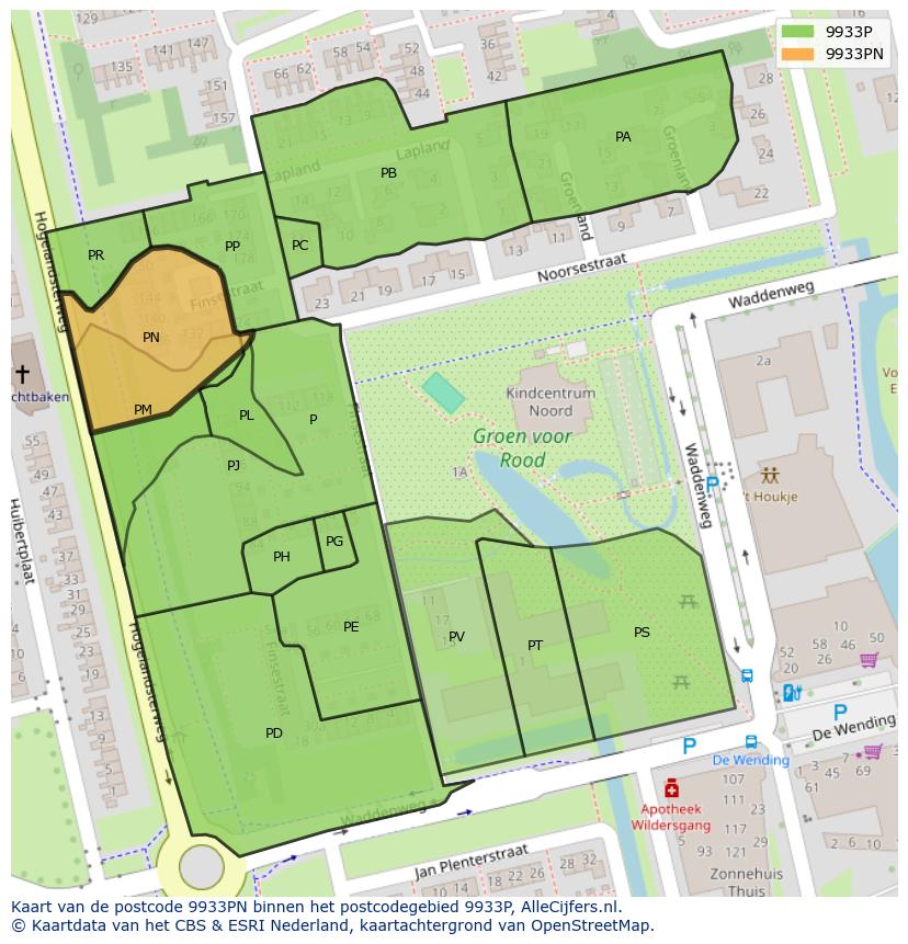 Afbeelding van het postcodegebied 9933 PN op de kaart.